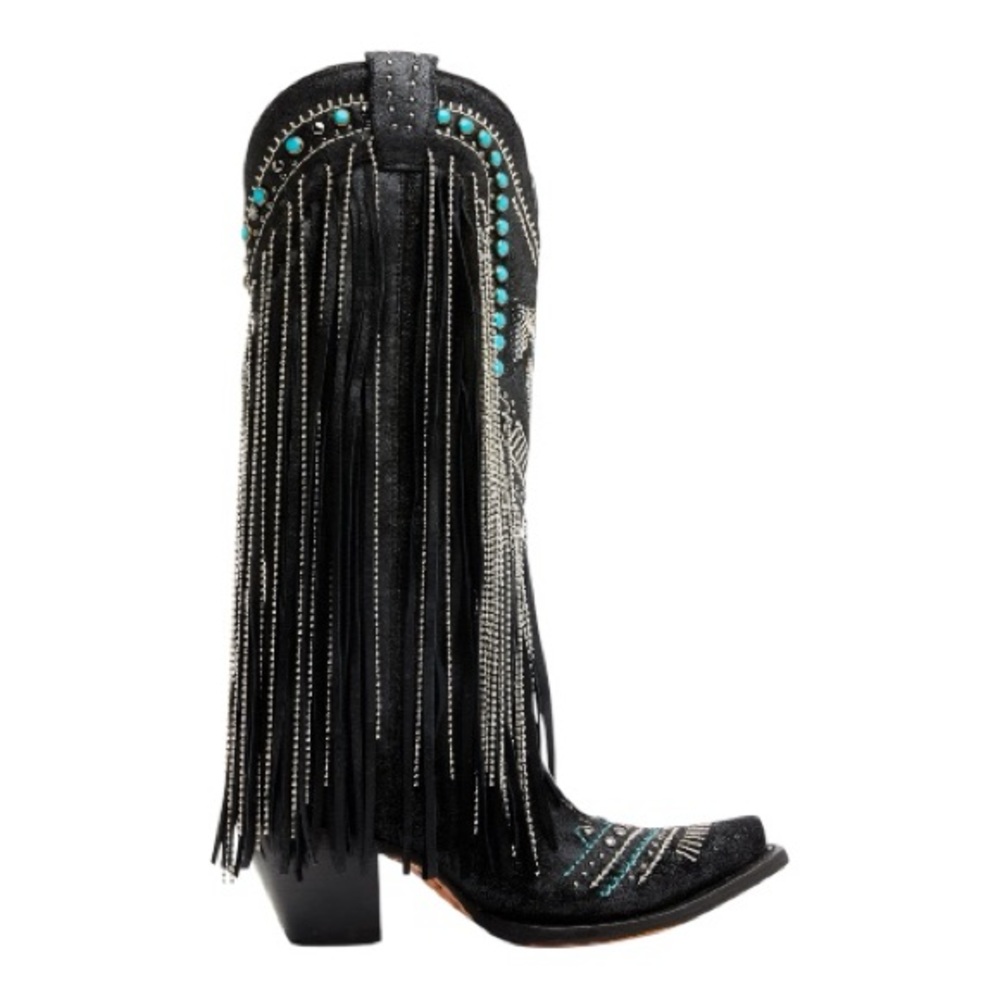CORRAL EMBROIDERED AND CRYSTAL Black and Turquoise Eagle FRINGE WESTERN BOOTS - Picture 2 of 16